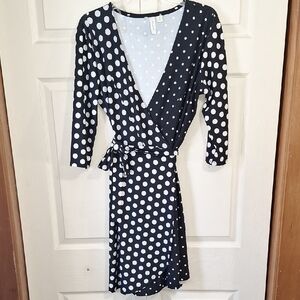 Tacera Wrap Dress - M - Black White Polka Dot